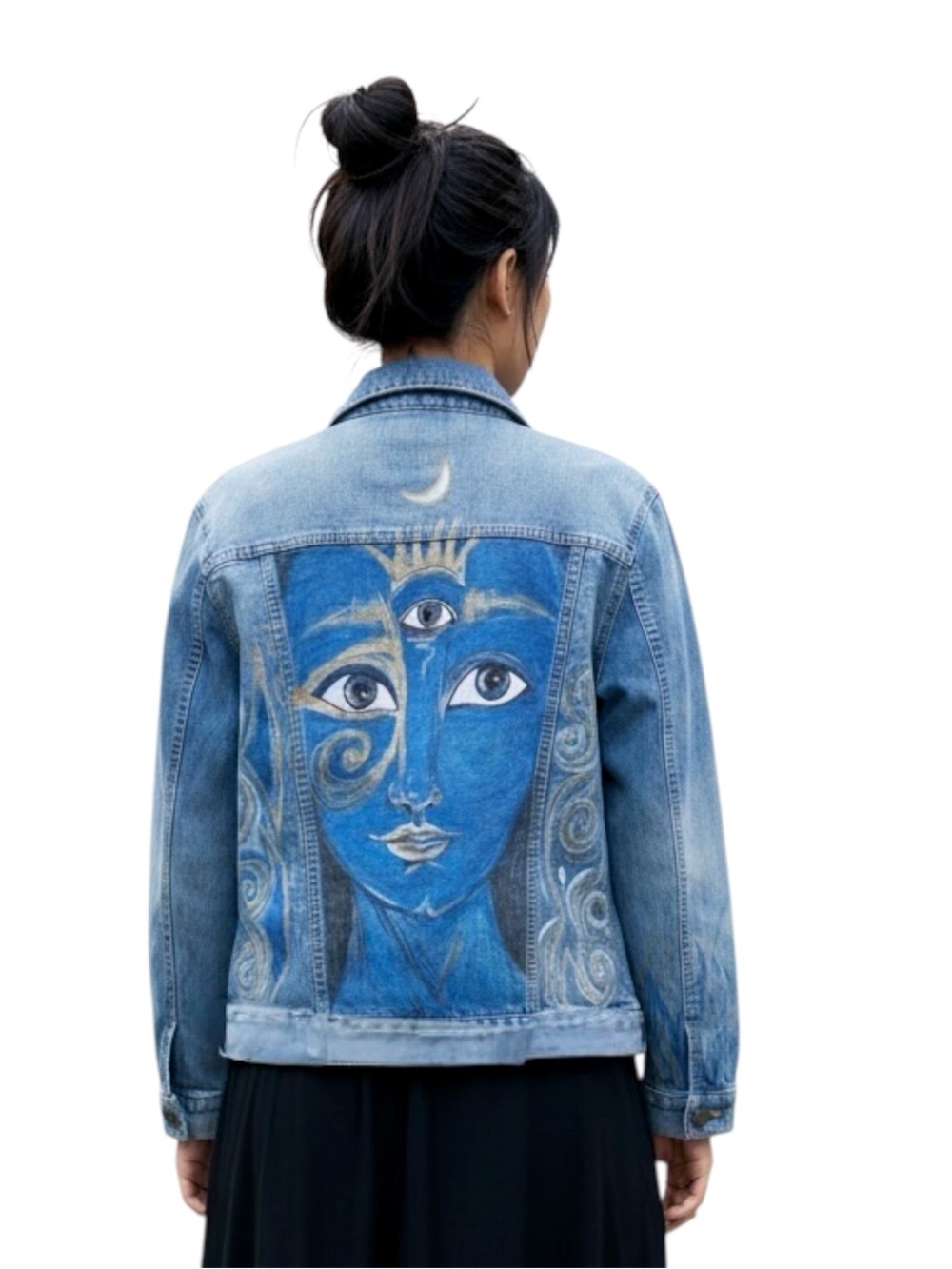 Hand-Painted Blue Third-Eye Goddess Denim Jacket size XL - Picture 4 of 8